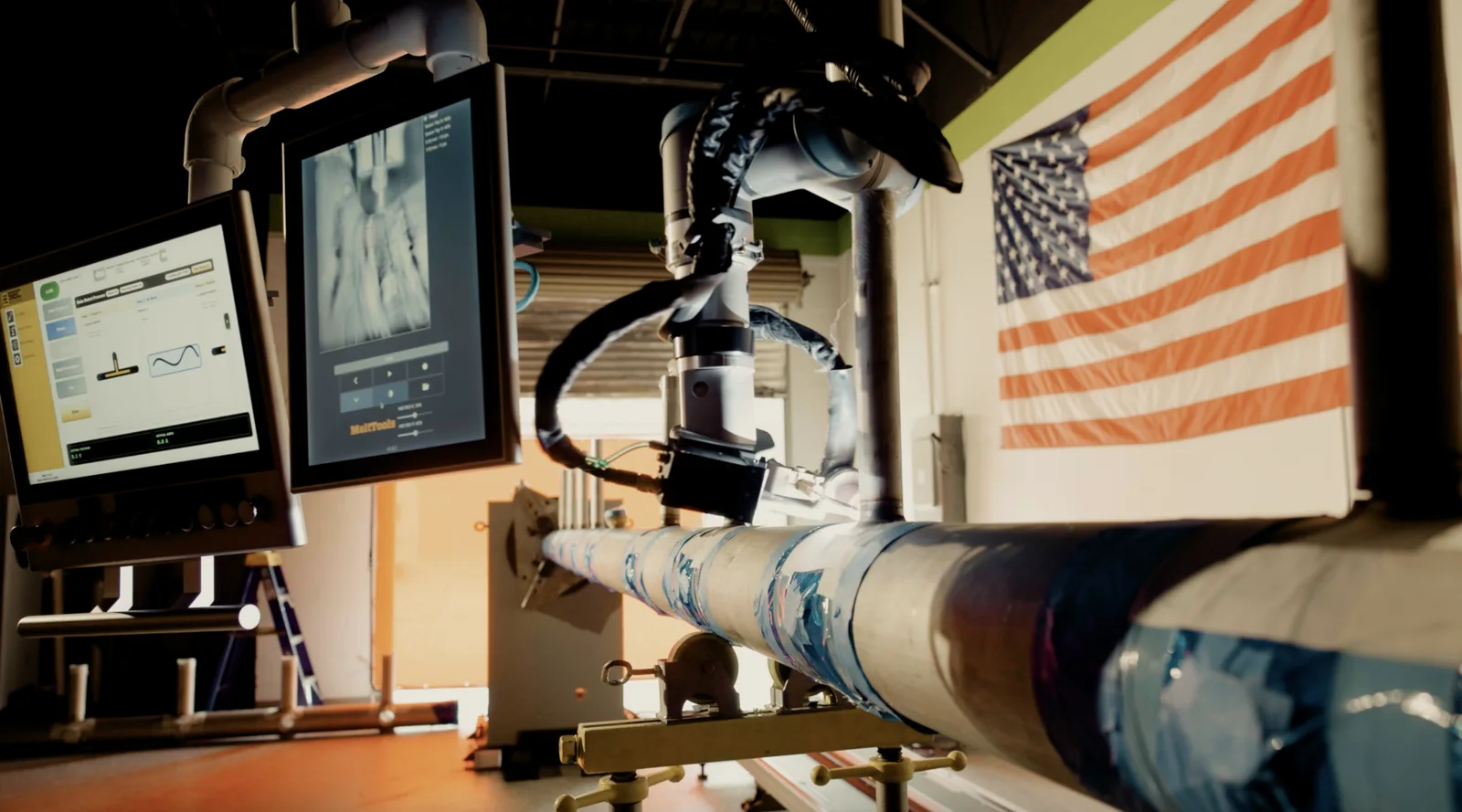 AutonoWeld M4 control screen with the cobot torch positioned over a header branch