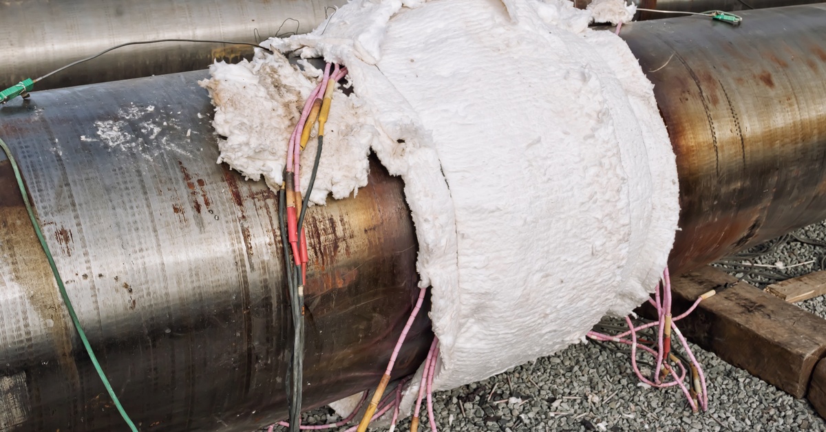 A white insulating blanket covering pink and gray cables running along a pipeline supported by a wooden plank on gravel.
