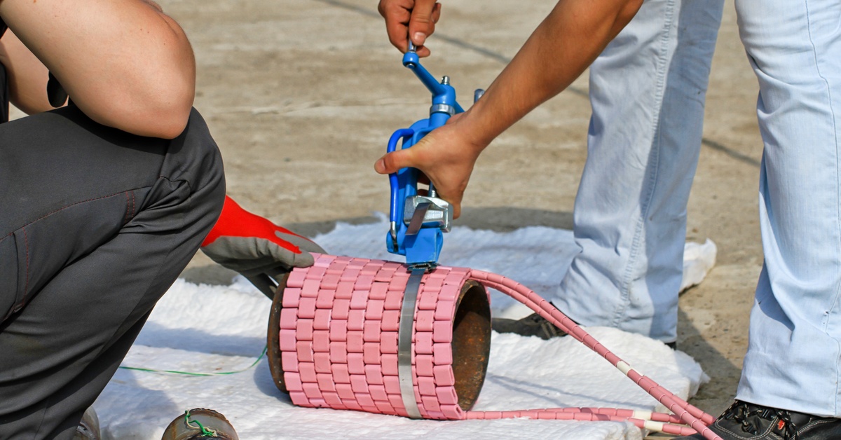 A person using a blue tool to fasten a pink thermal wrap around a cylindrical object resting on white insulation.